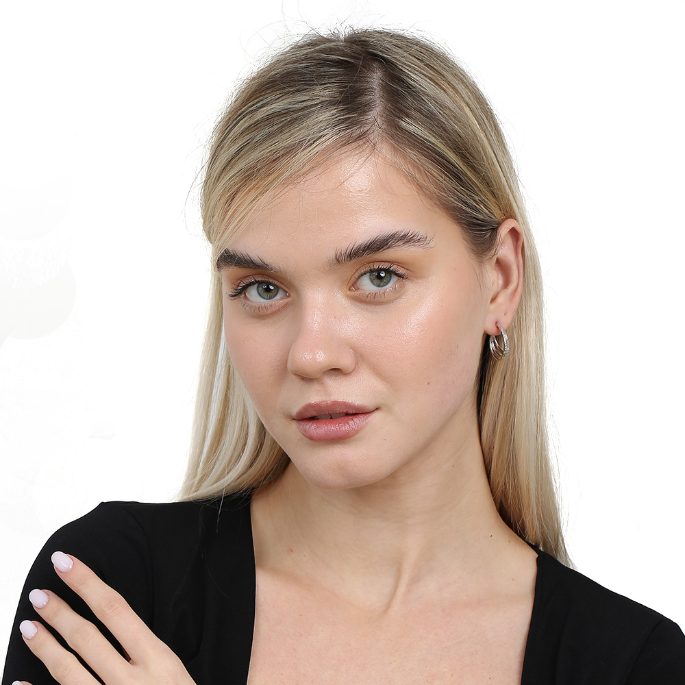 Beyaz Zirkon Taşlı Üç Sıralı Gümüş Renk 925 Ayar Gümüş Kadın Küpe - 2