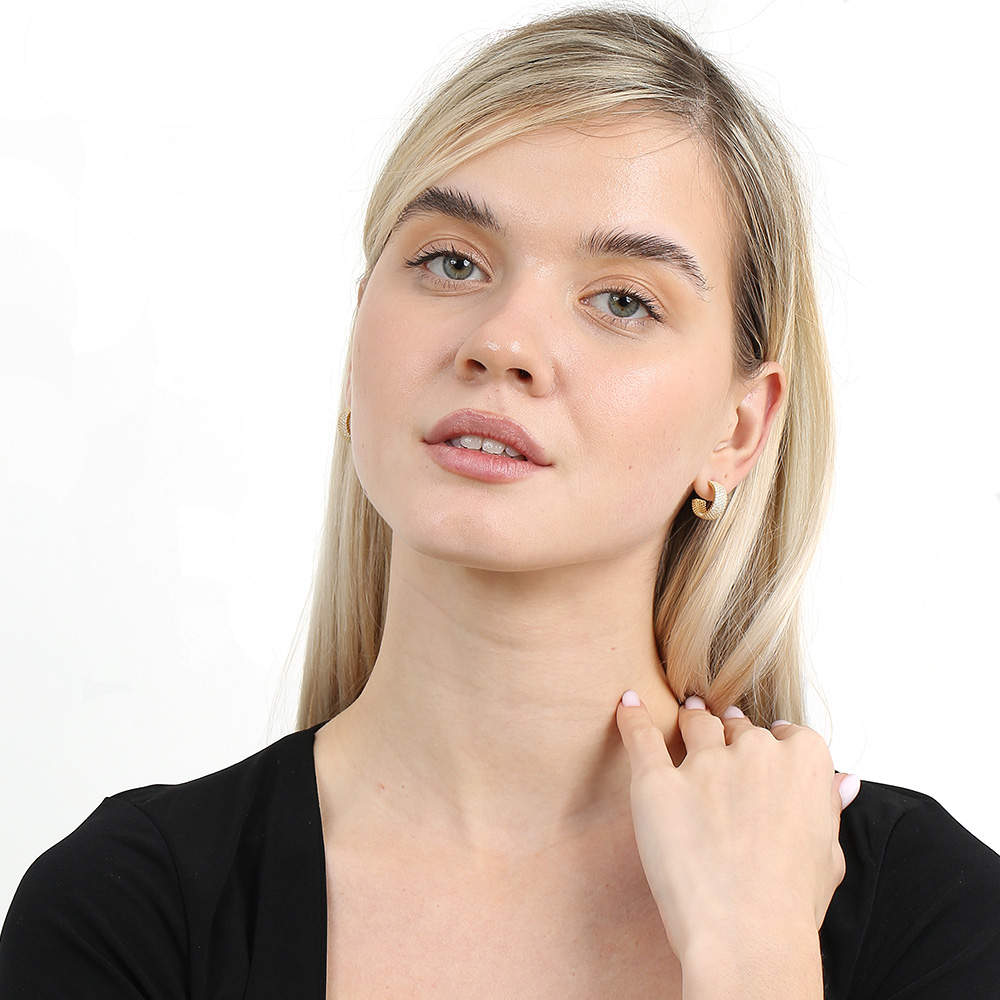 Beyaz Zirkon Taşlı Yarım Tur Tasarım Altın Renk 925 Ayar Gümüş Kadın Küpe - 2