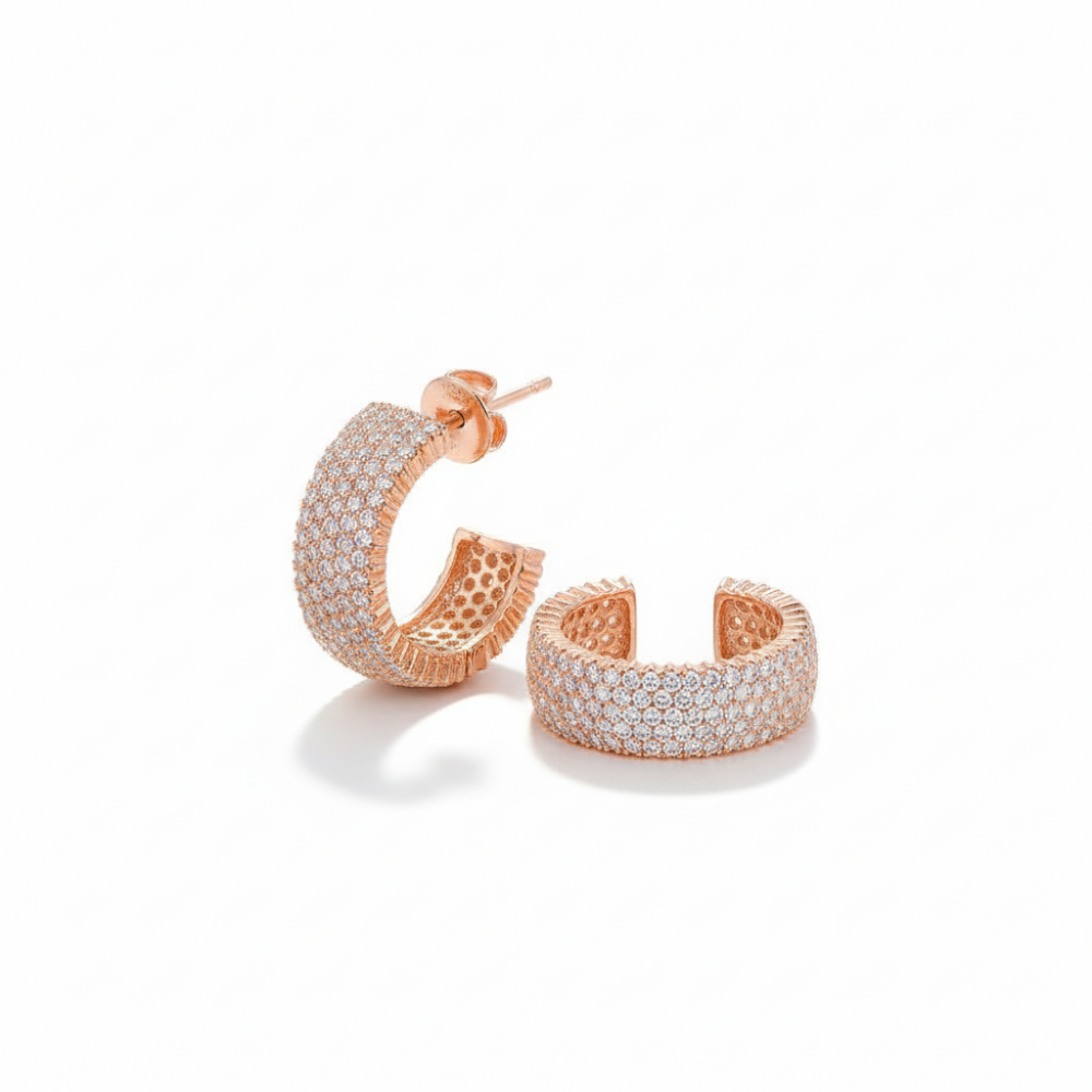 Beyaz Zirkon Taşlı Yarım Tur Tasarım Rose Renk 925 Ayar Gümüş Kadın Küpe - 4