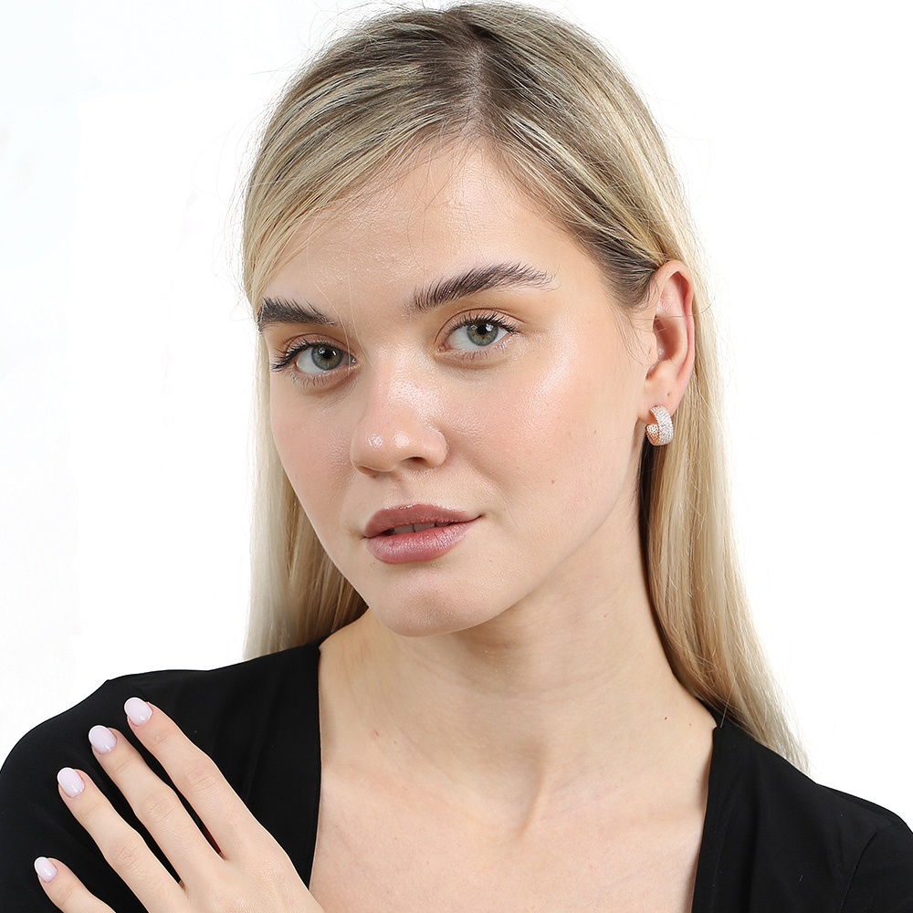 Beyaz Zirkon Taşlı Yarım Tur Tasarım Rose Renk 925 Ayar Gümüş Kadın Küpe - 2