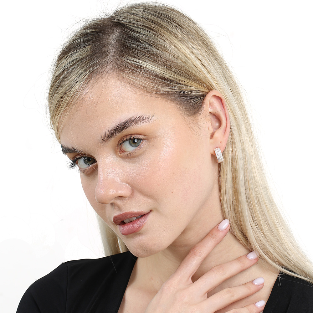 Beyaz Zirkon Taşlı Yarım Tur Tasarım Rose Renk 925 Ayar Gümüş Kadın Küpe - 1