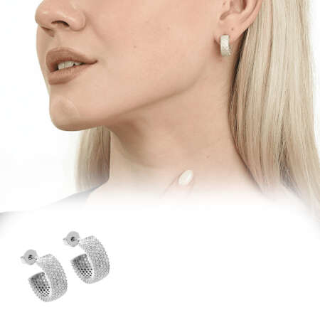 Beyaz Zirkon Taşlı Yarım Tur Tasarım Gümüş Renk 925 Ayar Gümüş Kadın Küpe - Tesbihane