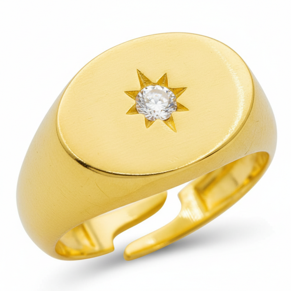 Beyaz Zirkon Taşlı Yıldız Detaylı Altın Renk Ayarlanabilir Ölçü 925 Ayar Gümüş Kadın Tektaş Yüzük - 3