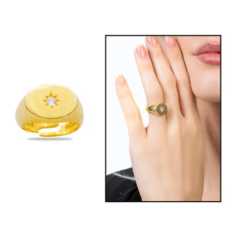 Beyaz Zirkon Taşlı Yıldız Detaylı Altın Renk Ayarlanabilir Ölçü 925 Ayar Gümüş Kadın Tektaş Yüzük - Tesbihane