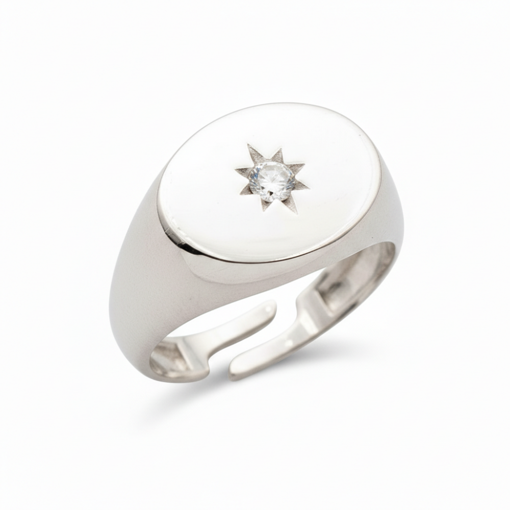 Beyaz Zirkon Taşlı Yıldız Detaylı Gümüş Renk Ayarlanabilir Ölçü 925 Ayar Gümüş Kadın Tektaş Yüzük - 3