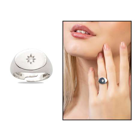 Beyaz Zirkon Taşlı Yıldız Detaylı Gümüş Renk Ayarlanabilir Ölçü 925 Ayar Gümüş Kadın Tektaş Yüzük - Tesbihane