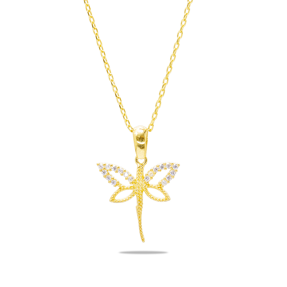 Beyaz Zirkon Taşlı Yusufçuk Tasarım Altın Renk 925 Ayar Gümüş Kadın Kolye - 2