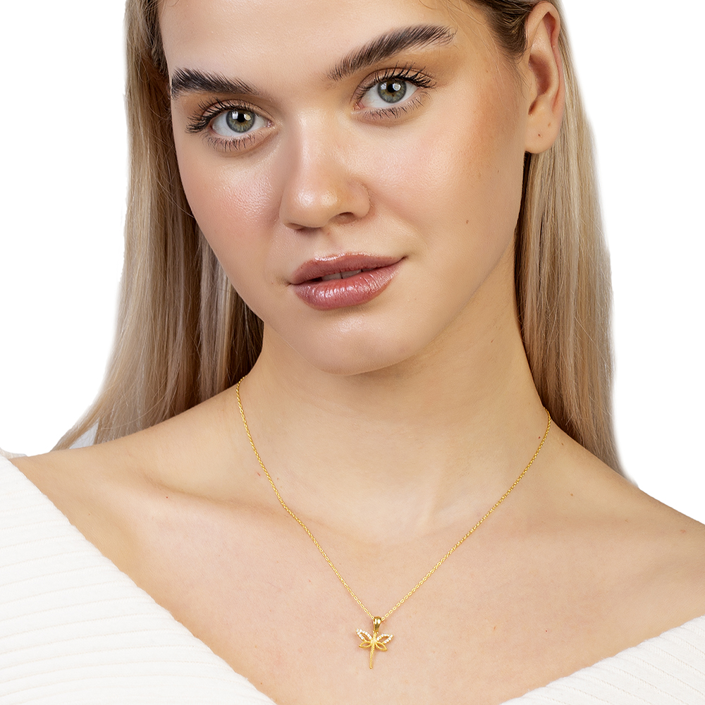 Beyaz Zirkon Taşlı Yusufçuk Tasarım Altın Renk 925 Ayar Gümüş Kadın Kolye - 3