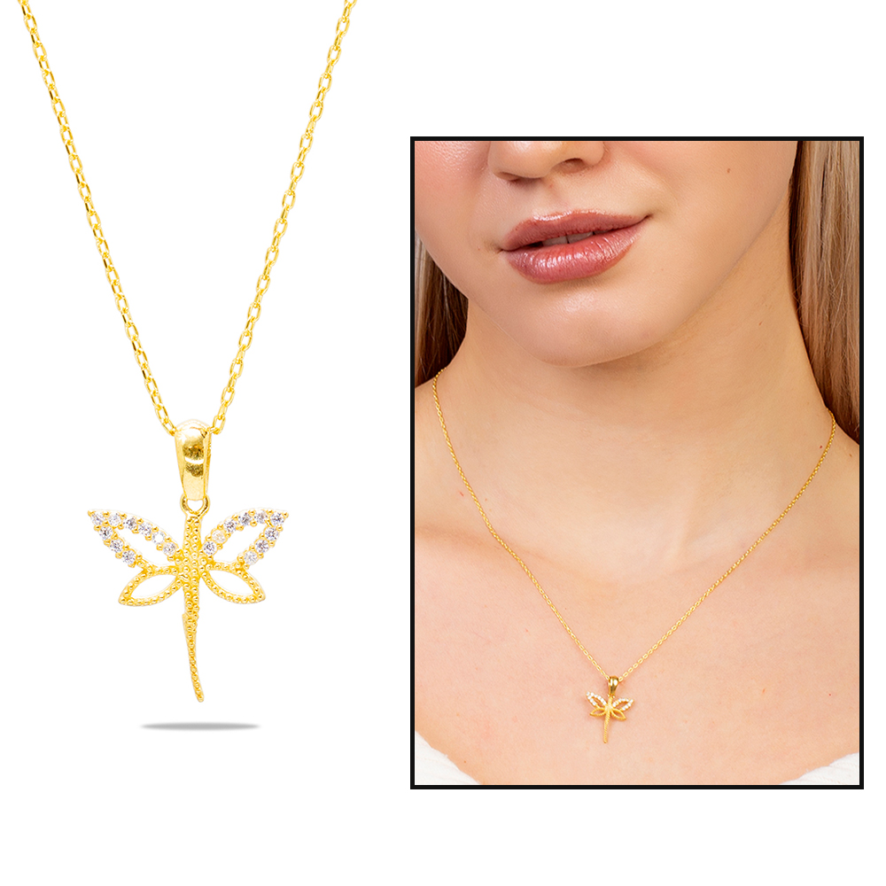 Beyaz Zirkon Taşlı Yusufçuk Tasarım Altın Renk 925 Ayar Gümüş Kadın Kolye - 1