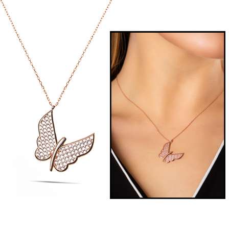 Beyaz Zirkon Taşlı Zarif Tasarım Rose Renk 925 Ayar Gümüş Kelebek Kolye - Tesbihane