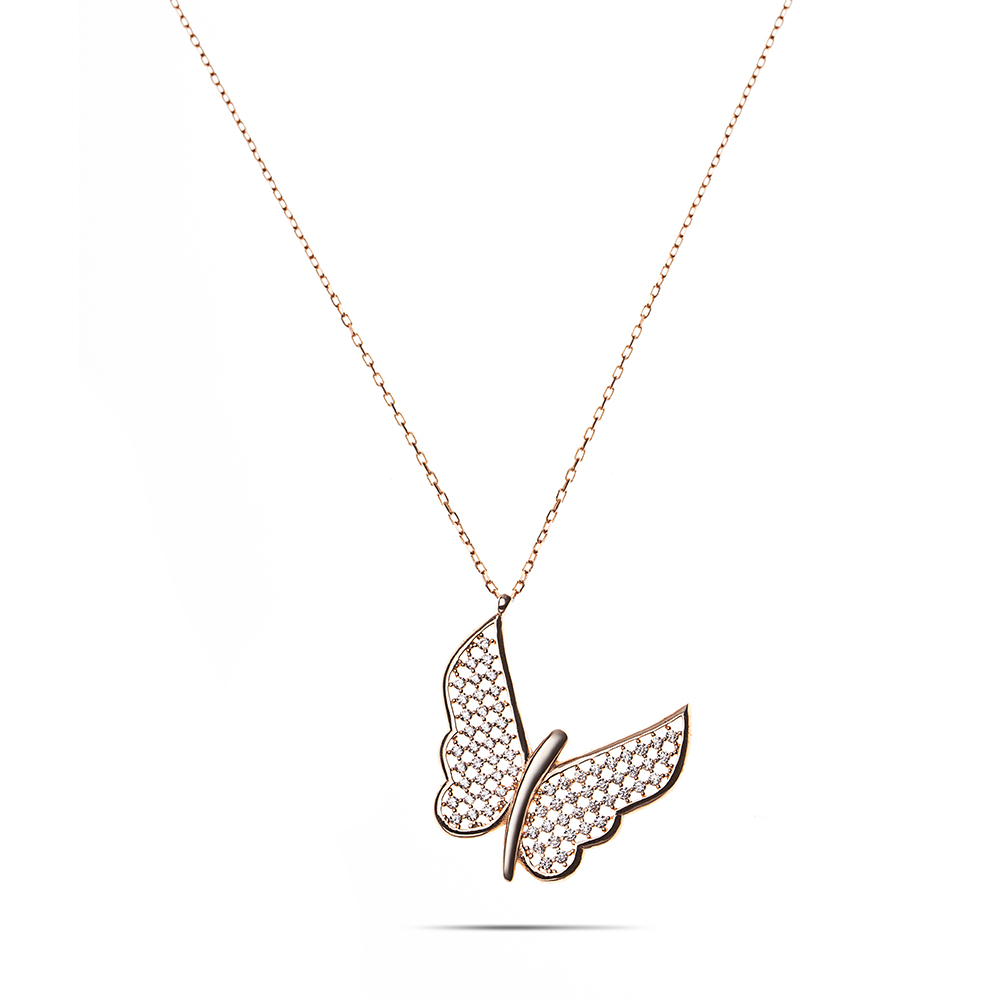 Beyaz Zirkon Taşlı Zarif Tasarım Rose Renk 925 Ayar Gümüş Kelebek Kolye - 5