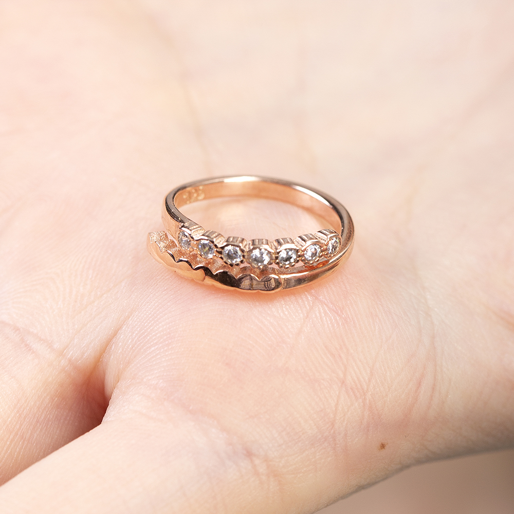 Beyaz Zirkon Taşlı Zarif Tasarım Rose Renk Ayarlanabilir Ölçü 925 Ayar Gümüş Kadın Yüzük - 3