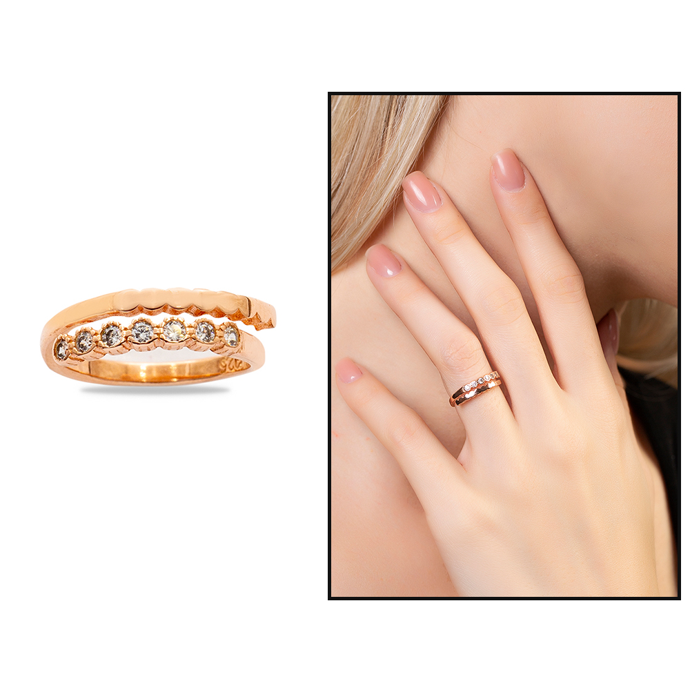 Beyaz Zirkon Taşlı Zarif Tasarım Rose Renk Ayarlanabilir Ölçü 925 Ayar Gümüş Kadın Yüzük - 1