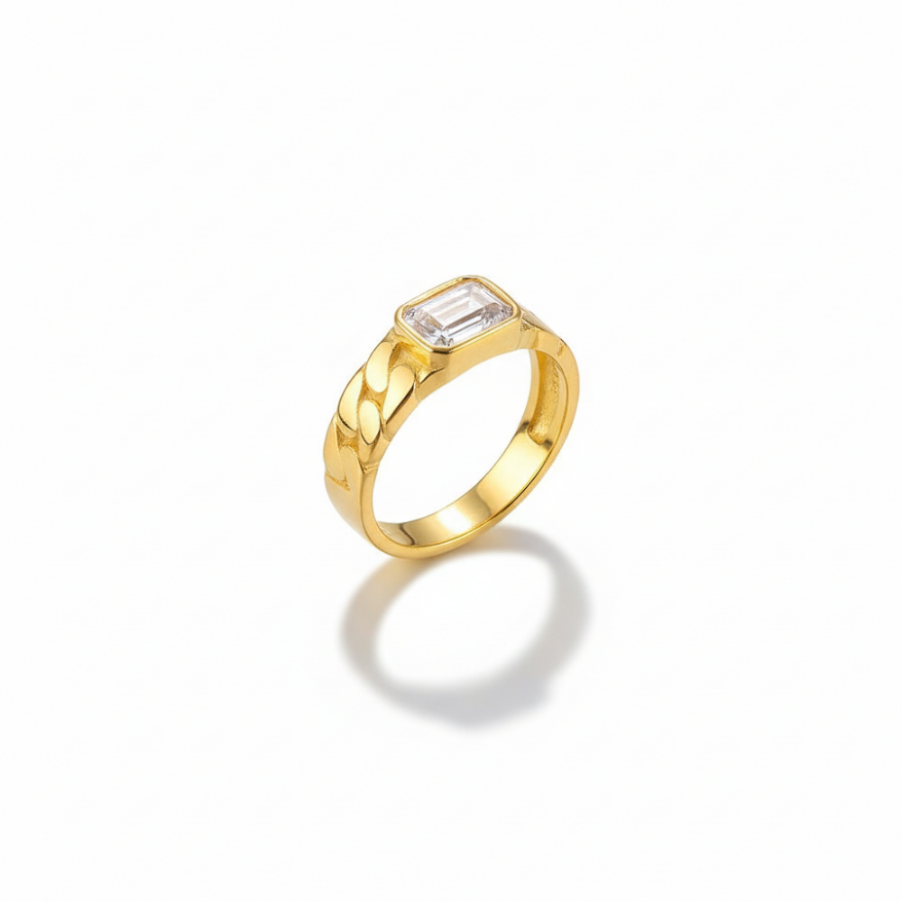 Beyaz Zirkon Taşlı Zincir Tasarım Altın Renk Ayarlanabilir Ölçü 925 Ayar Gümüş Kadın Tektaş Yüzük - 4