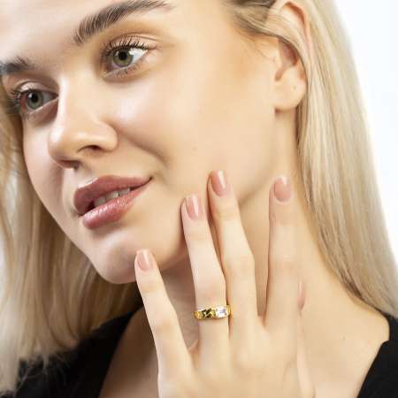 Beyaz Zirkon Taşlı Zincir Tasarım Altın Renk Ayarlanabilir Ölçü 925 Ayar Gümüş Kadın Tektaş Yüzük - Tesbihane