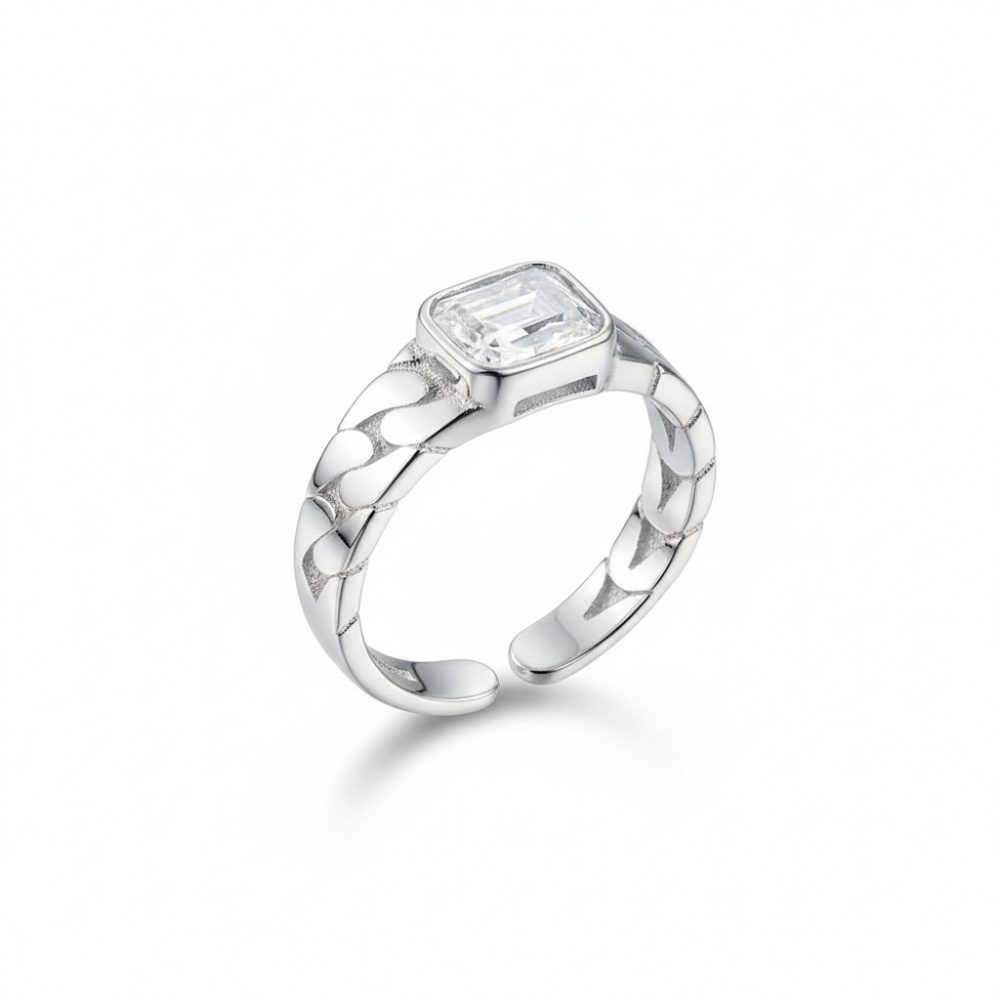 Beyaz Zirkon Taşlı Zincir Tasarım Gümüş Renk Ayarlanabilir Ölçü 925 Ayar Gümüş Kadın Tektaş Yüzük - 4