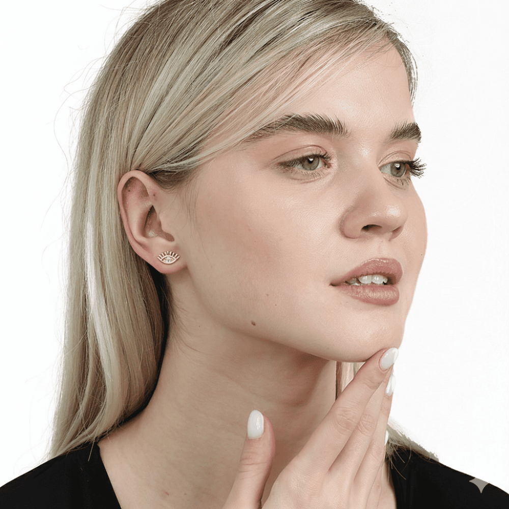 Beyaz Zirkon Tek Taşlı Göz Tasarım Altın Renk 925 Ayar Gümüş Kadın Küpe - 2