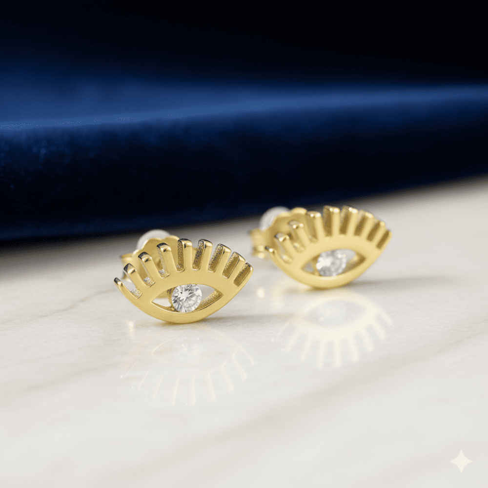 Beyaz Zirkon Tek Taşlı Göz Tasarım Altın Renk 925 Ayar Gümüş Kadın Küpe - 3
