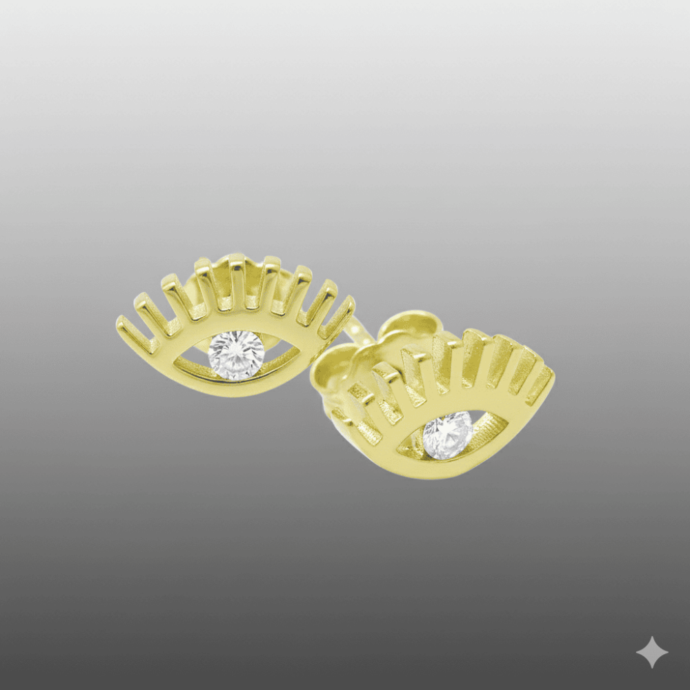 Beyaz Zirkon Tek Taşlı Göz Tasarım Altın Renk 925 Ayar Gümüş Kadın Küpe - 4