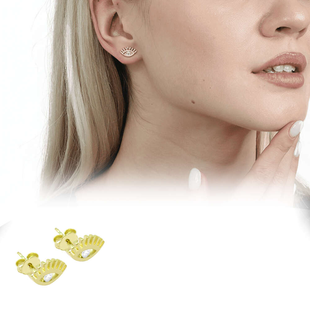 Beyaz Zirkon Tek Taşlı Göz Tasarım Altın Renk 925 Ayar Gümüş Kadın Küpe - 1