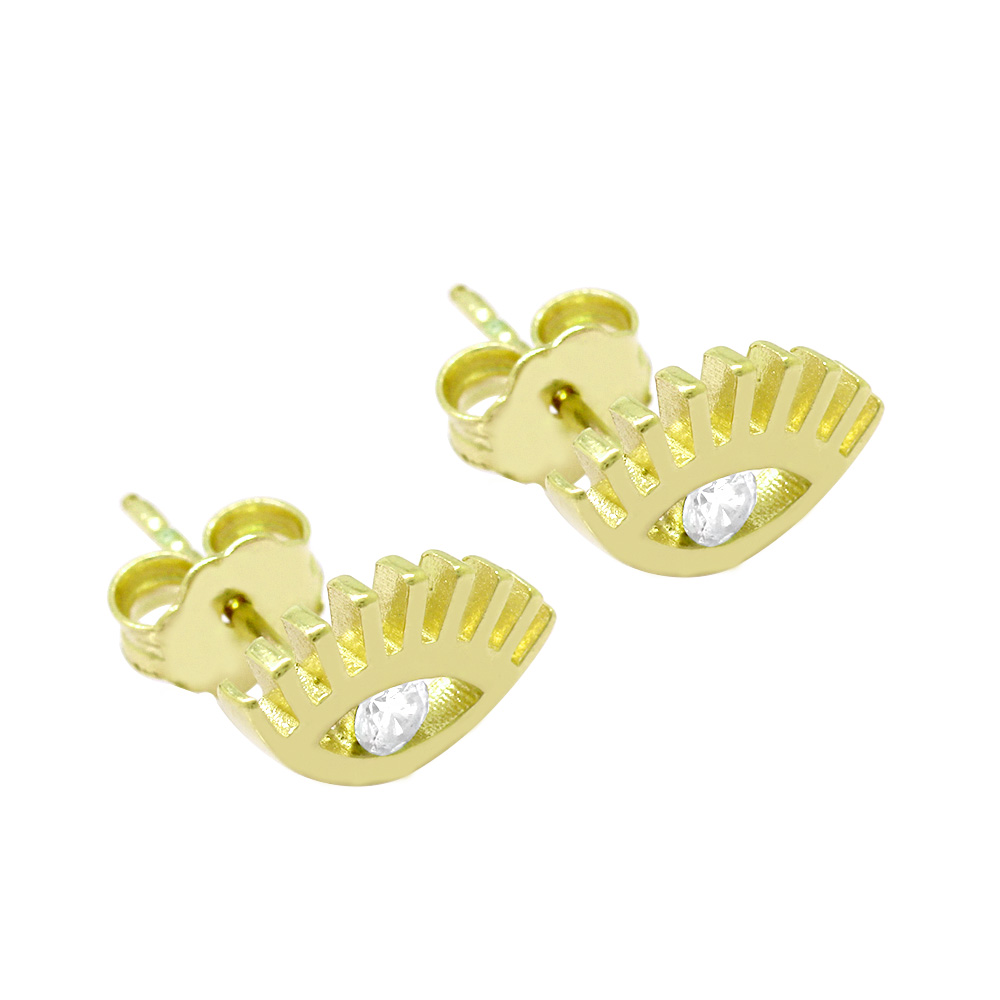 Beyaz Zirkon Tek Taşlı Göz Tasarım Altın Renk 925 Ayar Gümüş Kadın Küpe - 5