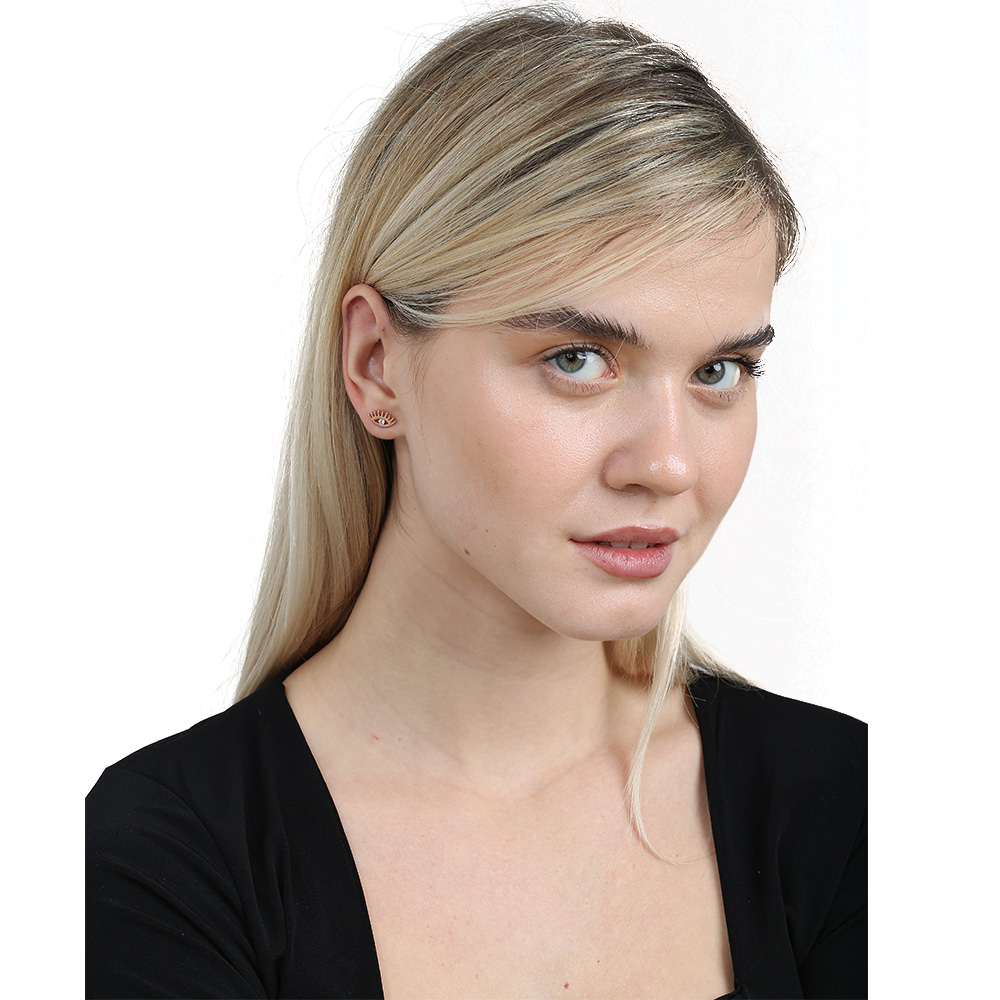 Beyaz Zirkon Tek Taşlı Göz Tasarım Rose Renk 925 Ayar Gümüş Kadın Küpe - 2