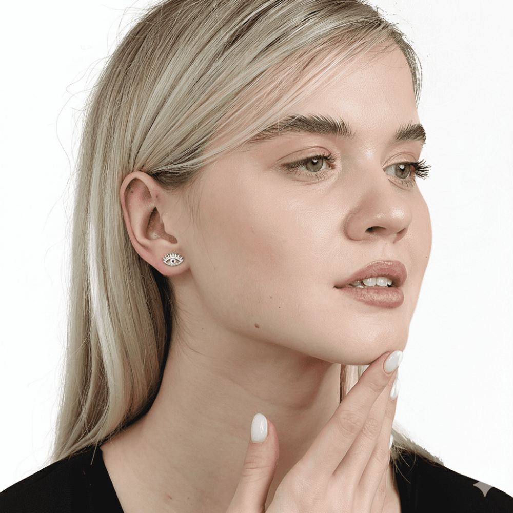 Beyaz Zirkon Tek Taşlı Göz Tasarım Gümüş Renk 925 Ayar Gümüş Kadın Küpe - 2