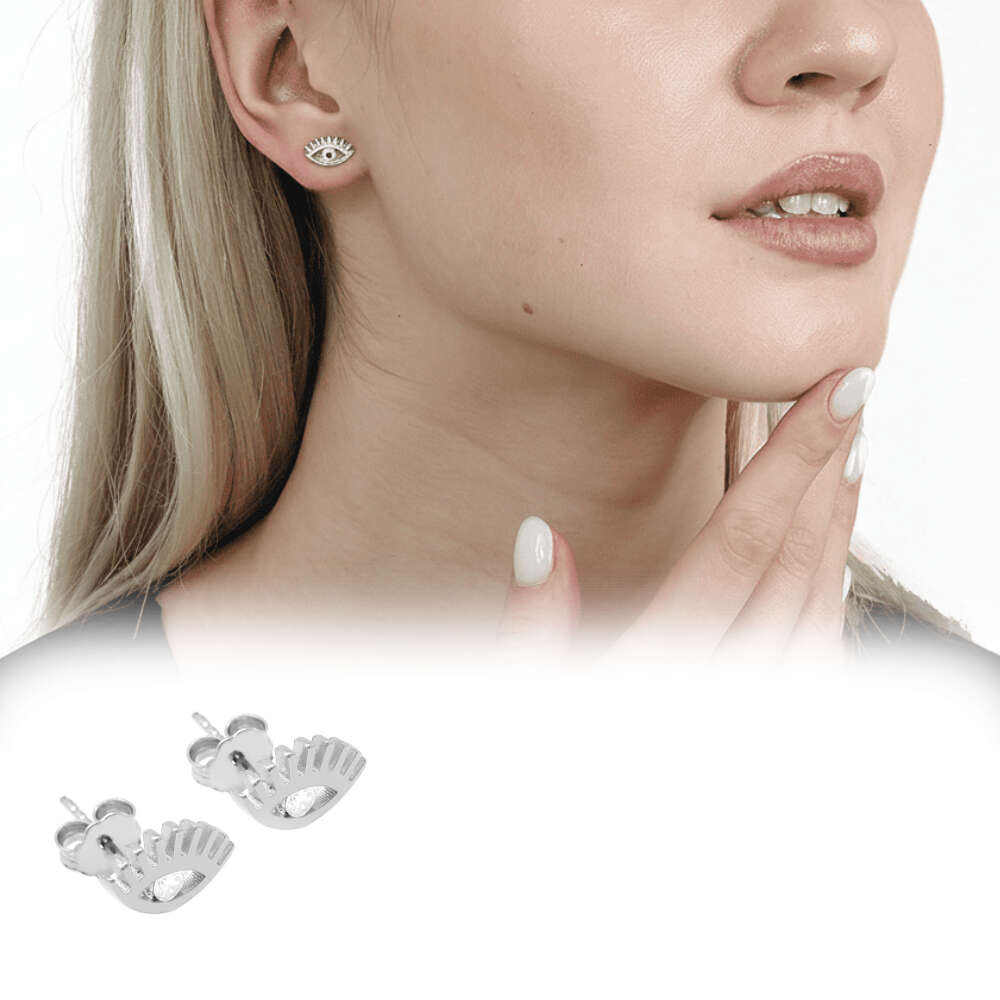 Beyaz Zirkon Tek Taşlı Göz Tasarım Gümüş Renk 925 Ayar Gümüş Kadın Küpe - 1