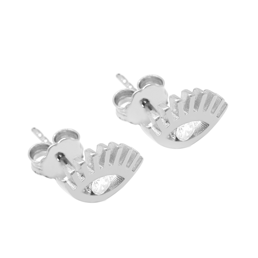 Beyaz Zirkon Tek Taşlı Göz Tasarım Gümüş Renk 925 Ayar Gümüş Kadın Küpe - 5