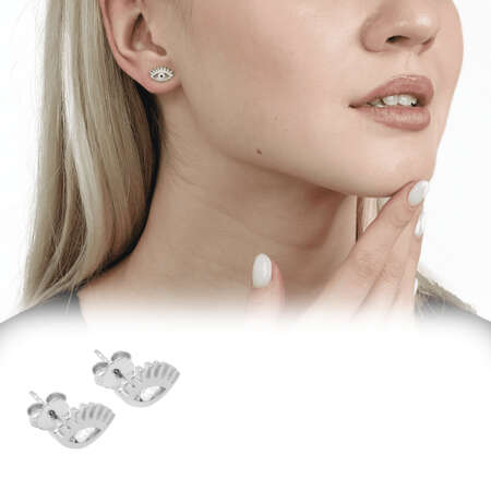 Beyaz Zirkon Tek Taşlı Göz Tasarım Gümüş Renk 925 Ayar Gümüş Kadın Küpe - Tesbihane