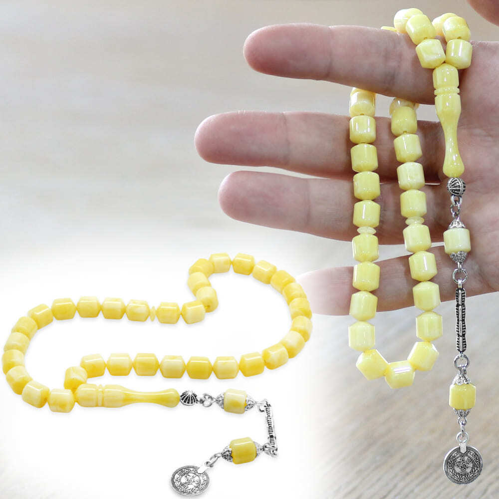 Beyrut Kehribar Tesbih- Kararmaz Metal Mecidiye Püsküllü - Sarı Beyaz Renk - Elmas Kesim - 1