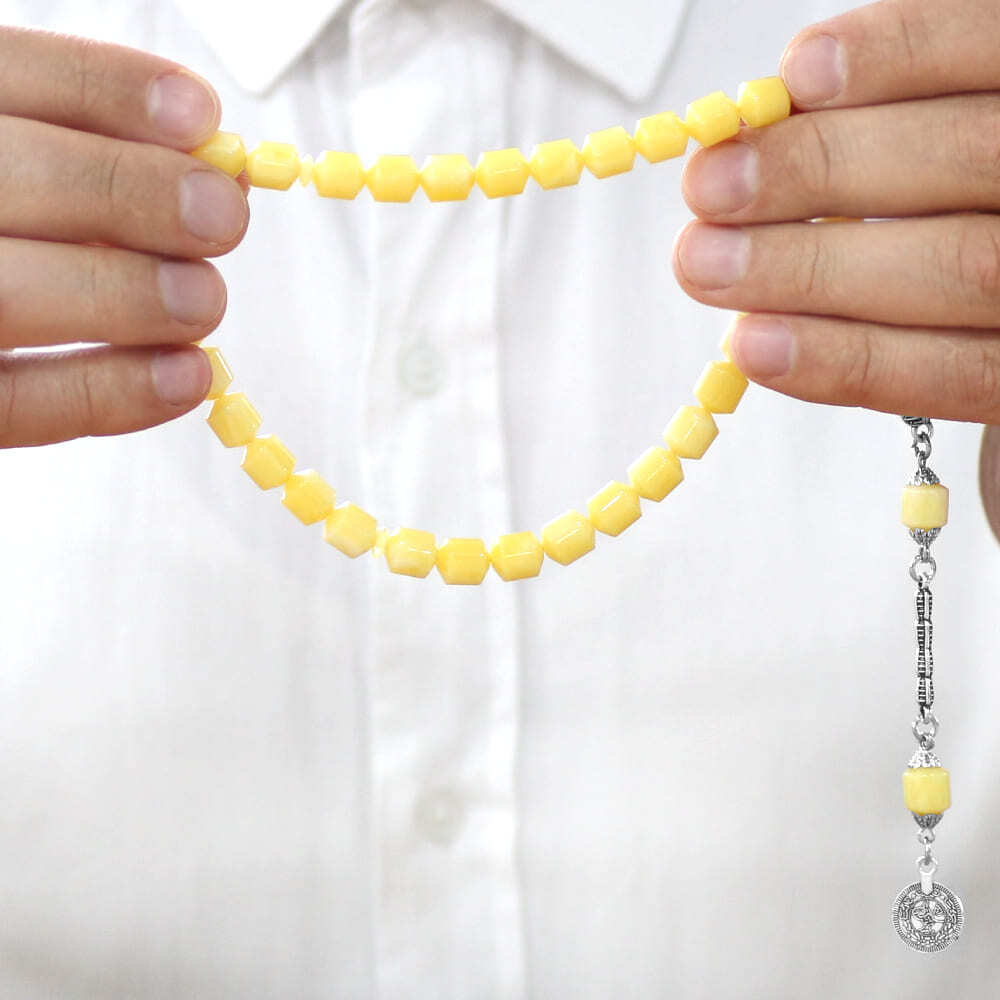 Beyrut Kehribar Tesbih- Kararmaz Metal Mecidiye Püsküllü - Sarı Beyaz Renk - Elmas Kesim - 3