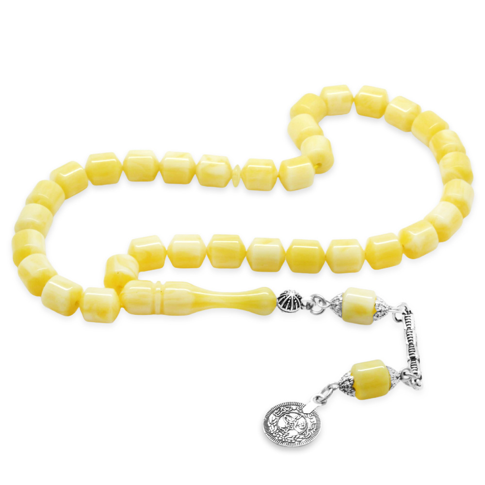 Beyrut Kehribar Tesbih- Kararmaz Metal Mecidiye Püsküllü - Sarı Beyaz Renk - Elmas Kesim - 4