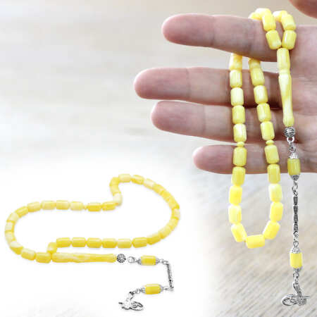 Beyrut Kehribar Tesbih- Kararmaz Metal Tuğra Püsküllü - Sarı Beyaz Renk - Kapsül Kesim - Tesbihane