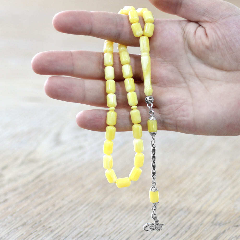 Beyrut Kehribar Tesbih- Kararmaz Metal Tuğra Püsküllü - Sarı Beyaz Renk - Kapsül Kesim - 2