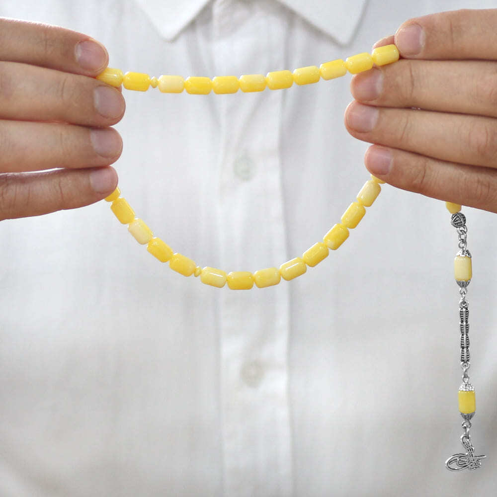 Beyrut Kehribar Tesbih- Kararmaz Metal Tuğra Püsküllü - Sarı Beyaz Renk - Kapsül Kesim - 3