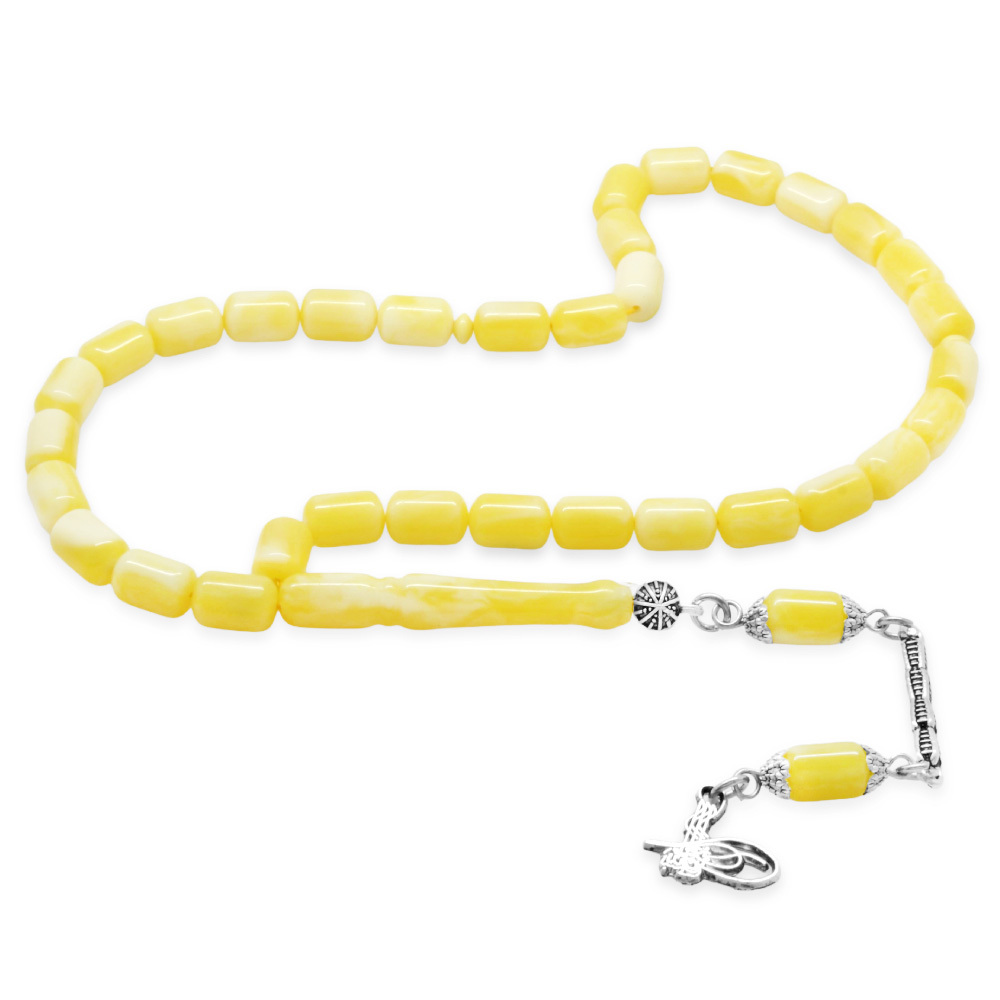 Beyrut Kehribar Tesbih- Kararmaz Metal Tuğra Püsküllü - Sarı Beyaz Renk - Kapsül Kesim - 4