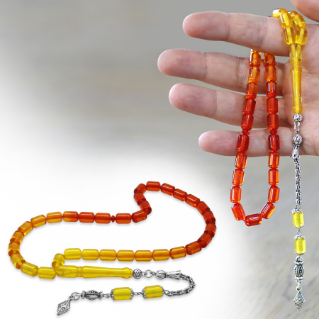 Beyrut Kehribar Tesbih - Metal Arnavut Zincir Püsküllü - Süzme Sarı Kırmızı Renk - Kapsül Kesim - Tesbihane