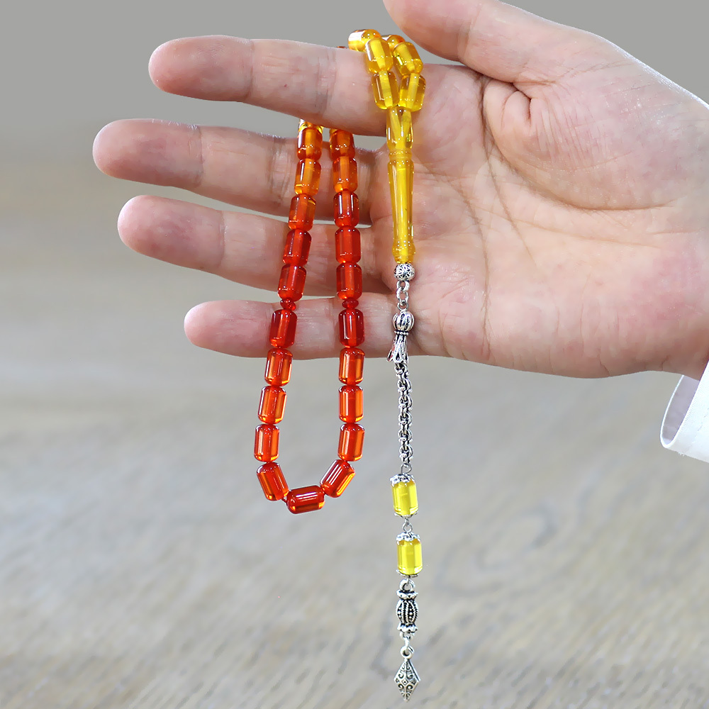 Beyrut Kehribar Tesbih - Metal Arnavut Zincir Püsküllü - Süzme Sarı Kırmızı Renk - Kapsül Kesim - 2