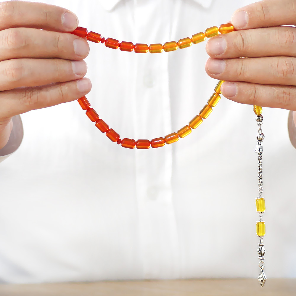 Beyrut Kehribar Tesbih - Metal Arnavut Zincir Püsküllü - Süzme Sarı Kırmızı Renk - Kapsül Kesim - 3