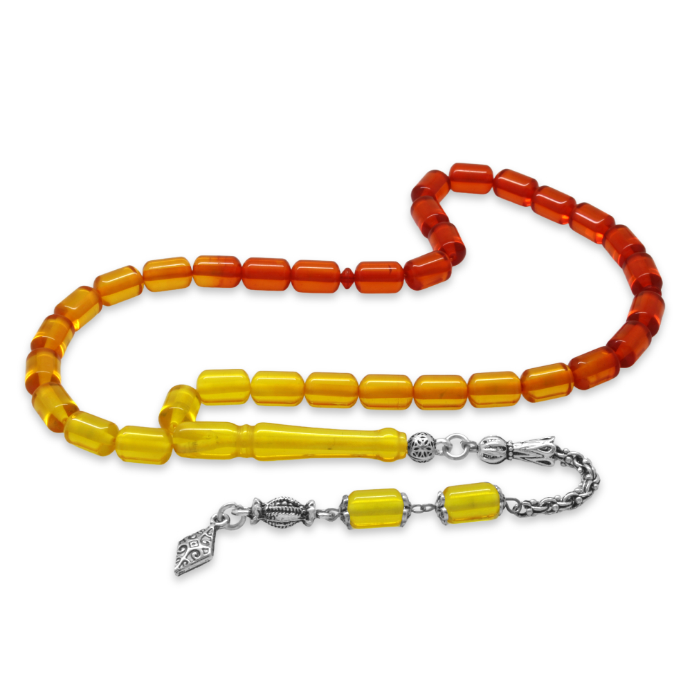 Beyrut Kehribar Tesbih - Metal Arnavut Zincir Püsküllü - Süzme Sarı Kırmızı Renk - Kapsül Kesim - 4