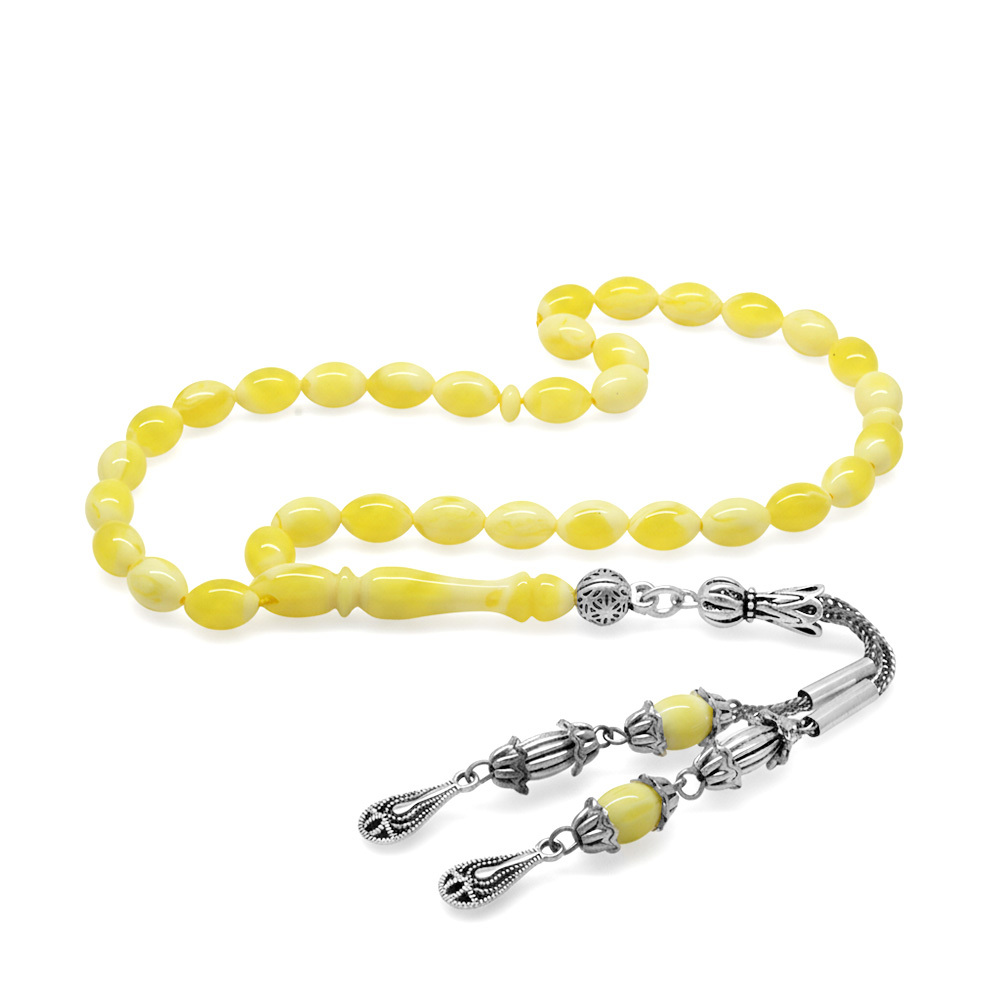 Beyrut Kehribar Tesbih - Sarı Beyaz Hareli - Bilek Boy - Arpa Kesim - 4