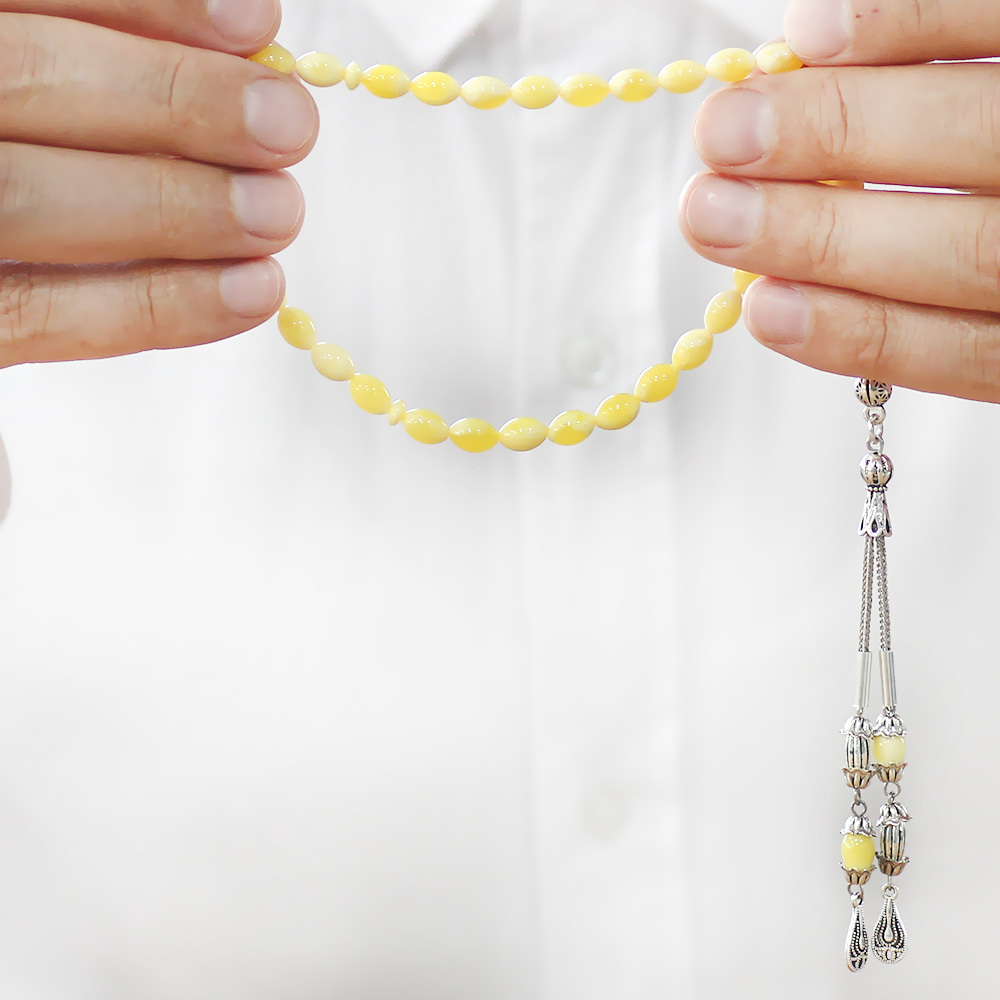 Beyrut Kehribar Tesbih - Sarı Beyaz Hareli - Bilek Boy - Arpa Kesim - 3