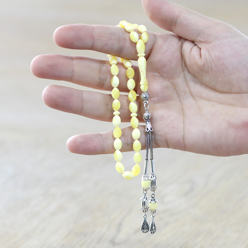 Beyrut Kehribar Tesbih - Sarı Beyaz Hareli - Bilek Boy - Arpa Kesim - 2