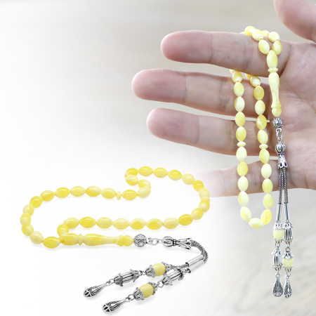 Beyrut Kehribar Tesbih - Sarı Beyaz Hareli - Bilek Boy - Arpa Kesim - Tesbihane