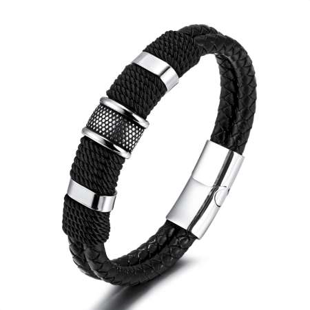 Çift Katmanlı Siyah Deri Halat ve 316L Kalite Çelik Bileşim Mekanizmalı Avangart Erkek Bileklik - Tesbihane