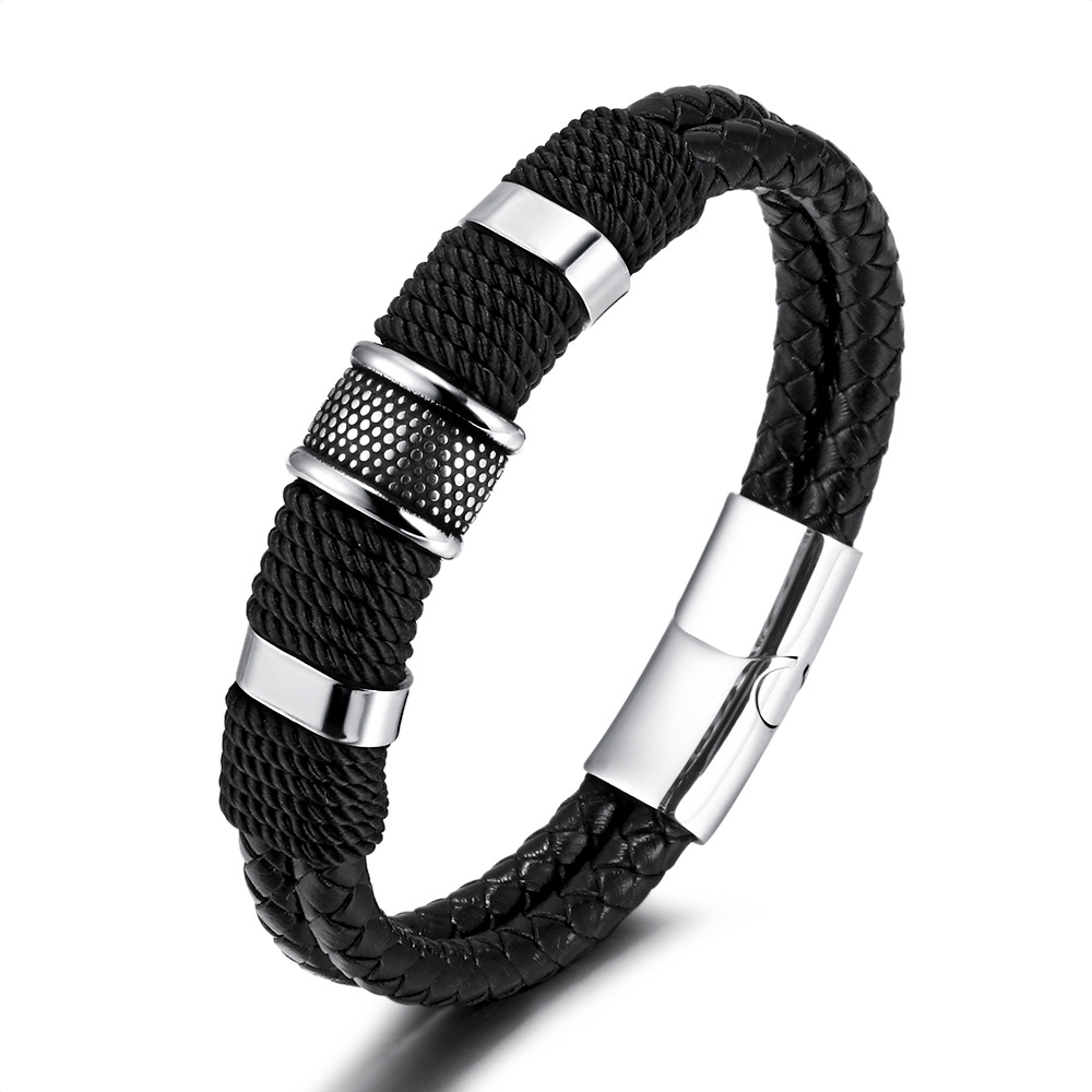 Çift Katmanlı Siyah Deri Halat ve 316L Kalite Çelik Bileşim Mekanizmalı Avangart Erkek Bileklik - 2