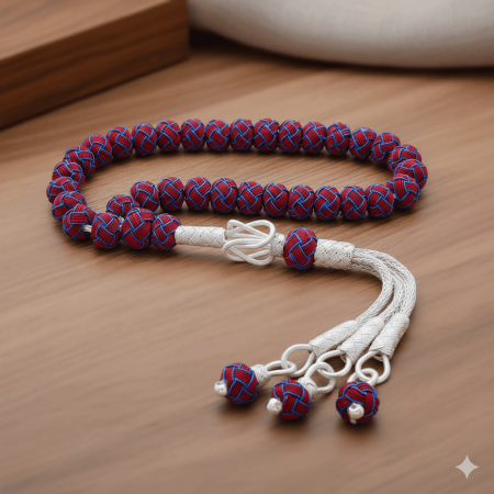 El İşçiliği Küre Kesim Bilek Boy Bordo Mavi 1000 Ayar Gümüş Kazaz Tesbih - Tesbihane