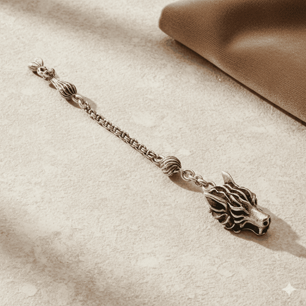 Bozkurt Temalı Gümüş Renk Arnavut Zincirli Tek Kamçılı Kararmaz Metal Püskül - 3