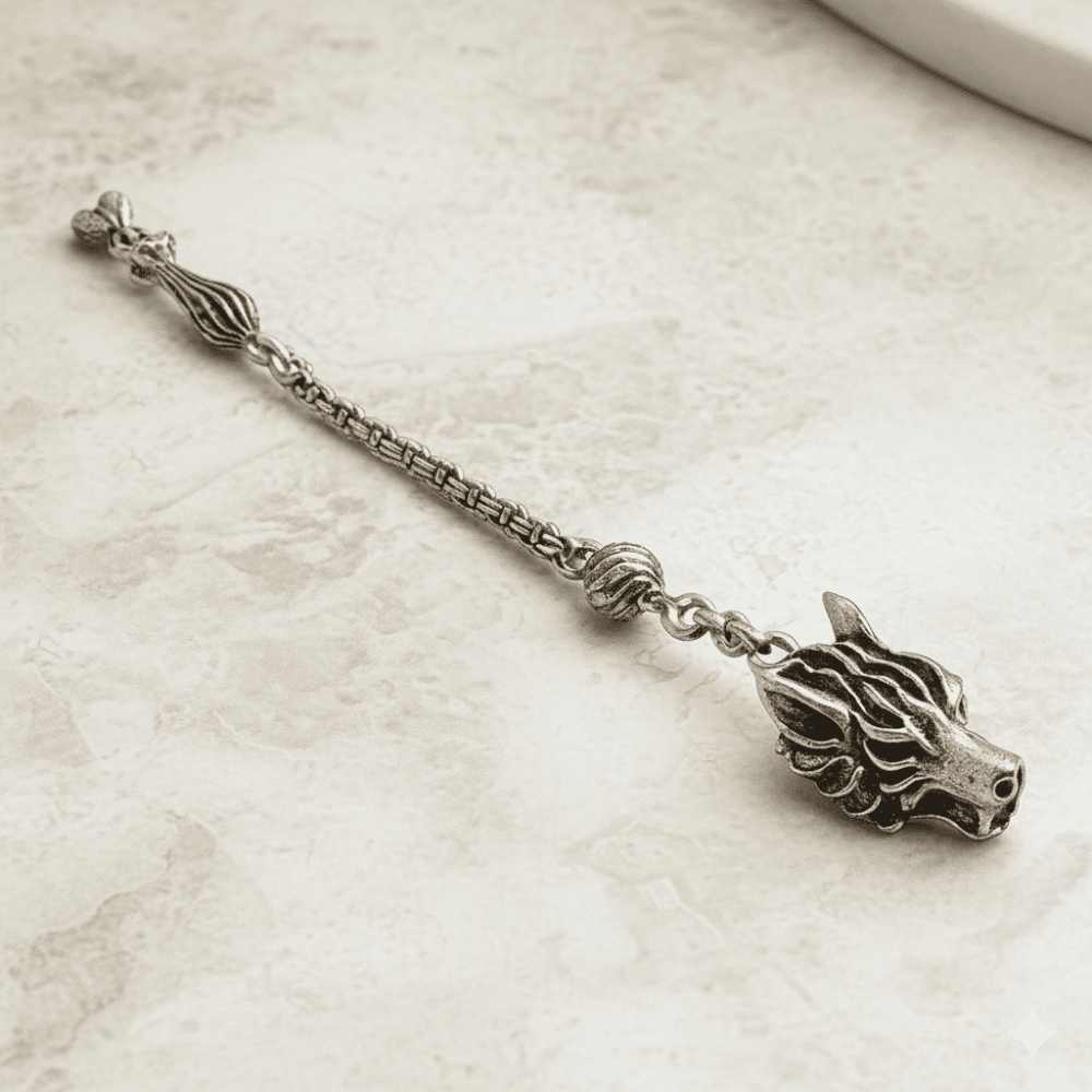 Bozkurt Temalı Gümüş Renk Arnavut Zincirli Tek Kamçılı Kararmaz Metal Püskül - 4